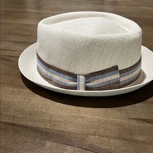 Cream Straw Trilby Hat with Blue and Brown Stripe Band